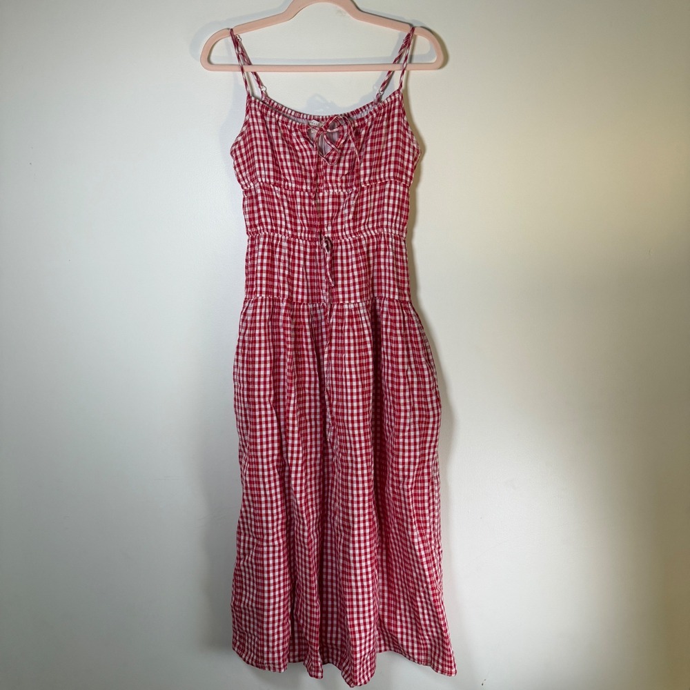 Sim & Sam Red Gingham Smocked Tiered Midi Dress with Pockets Small NWT